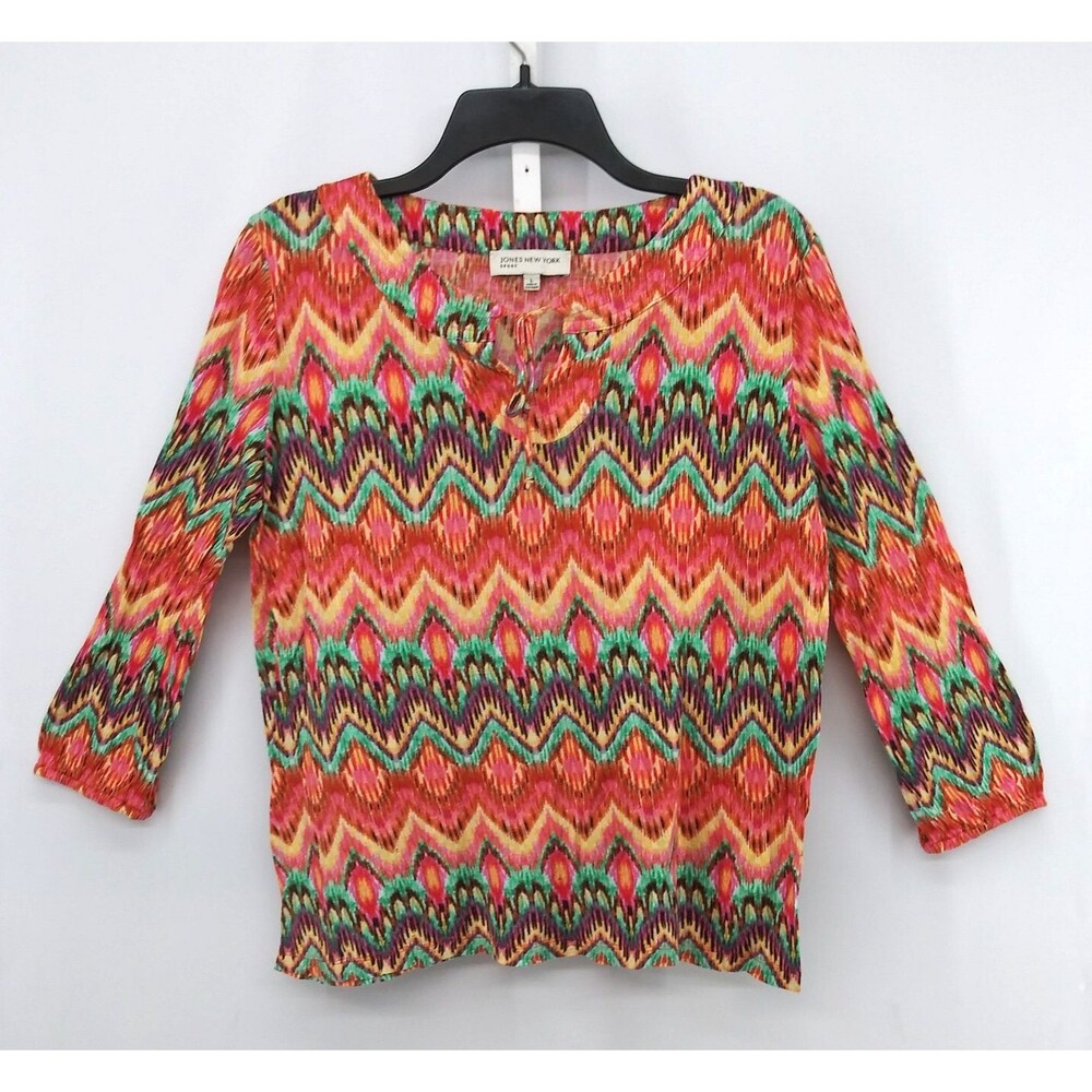 Jones New York Shirt Women Size L Orange Faded Chevron Print Split Tie V-Neck